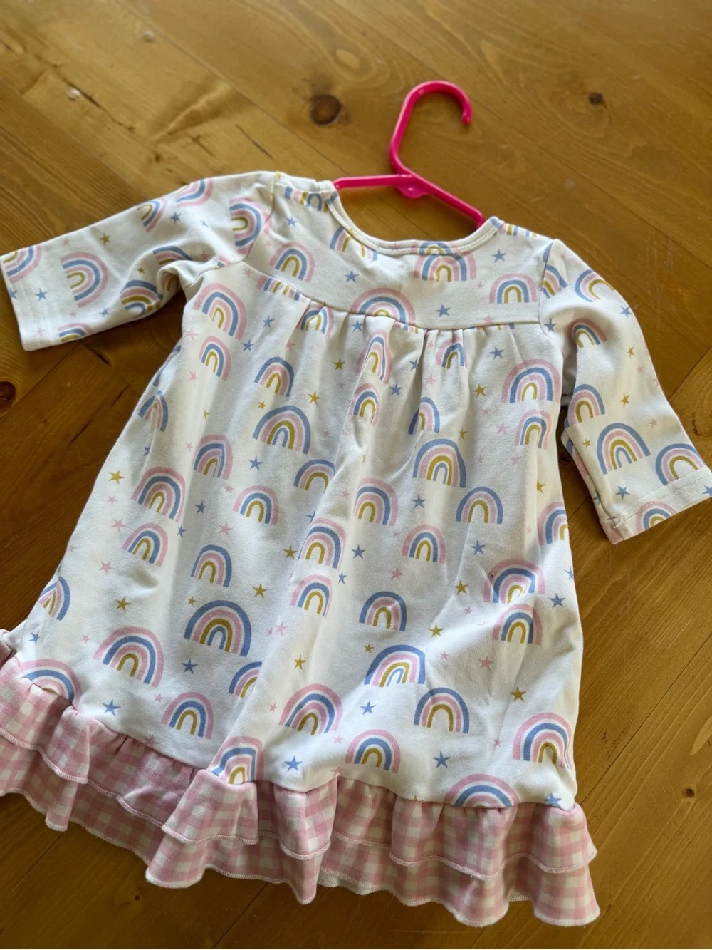18 M Smocked sweets Rainbow Print Nightgown / Dress with Pink Gingham Ruffle